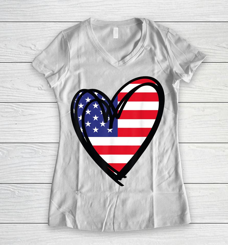 American Flag Heart 4Th Of July Usa Patriotic Pride Women V-Neck T-Shirt