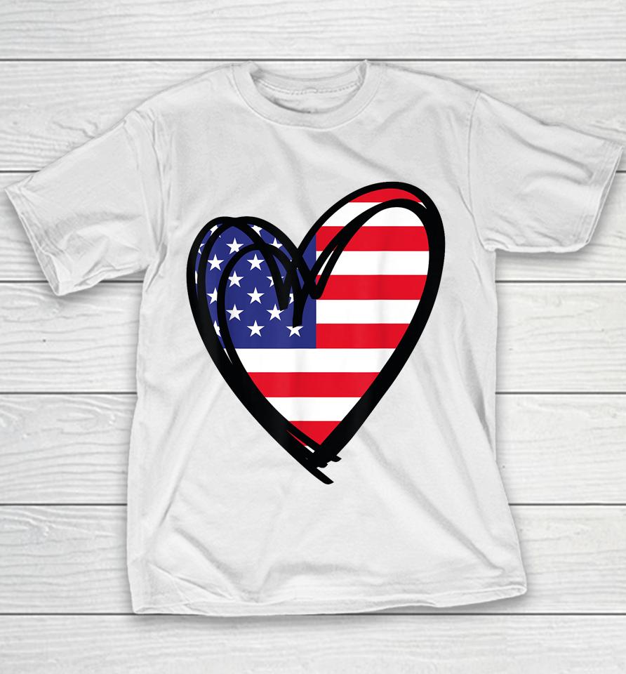 American Flag Heart 4Th Of July Usa Patriotic Pride Youth T-Shirt