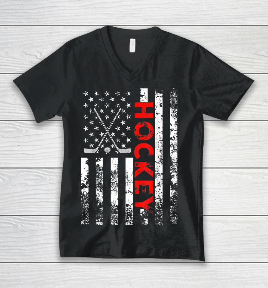American Flag Hockey Unisex V-Neck T-Shirt