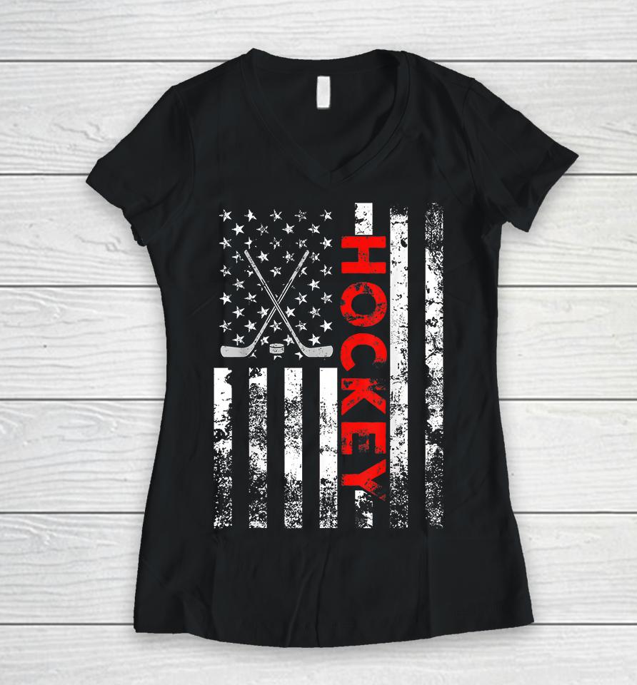 American Flag Hockey Women V-Neck T-Shirt
