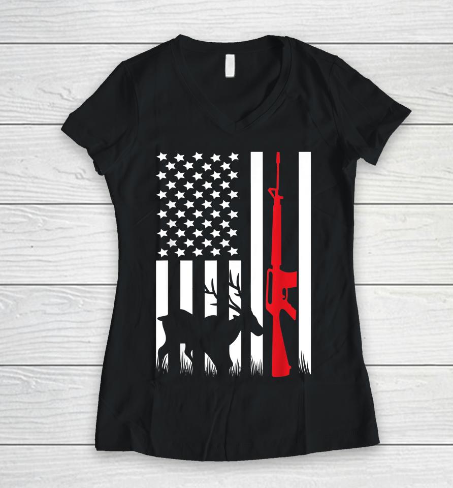American Flag Hunting Women V-Neck T-Shirt
