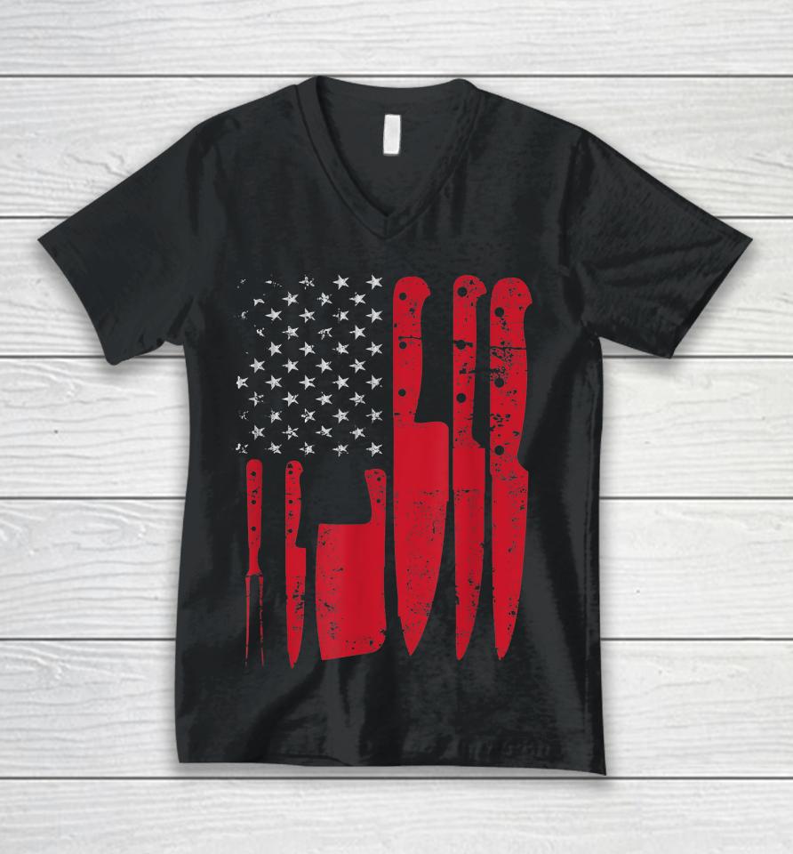 American Flag Kitchen Butcher Knife Set Unisex V-Neck T-Shirt