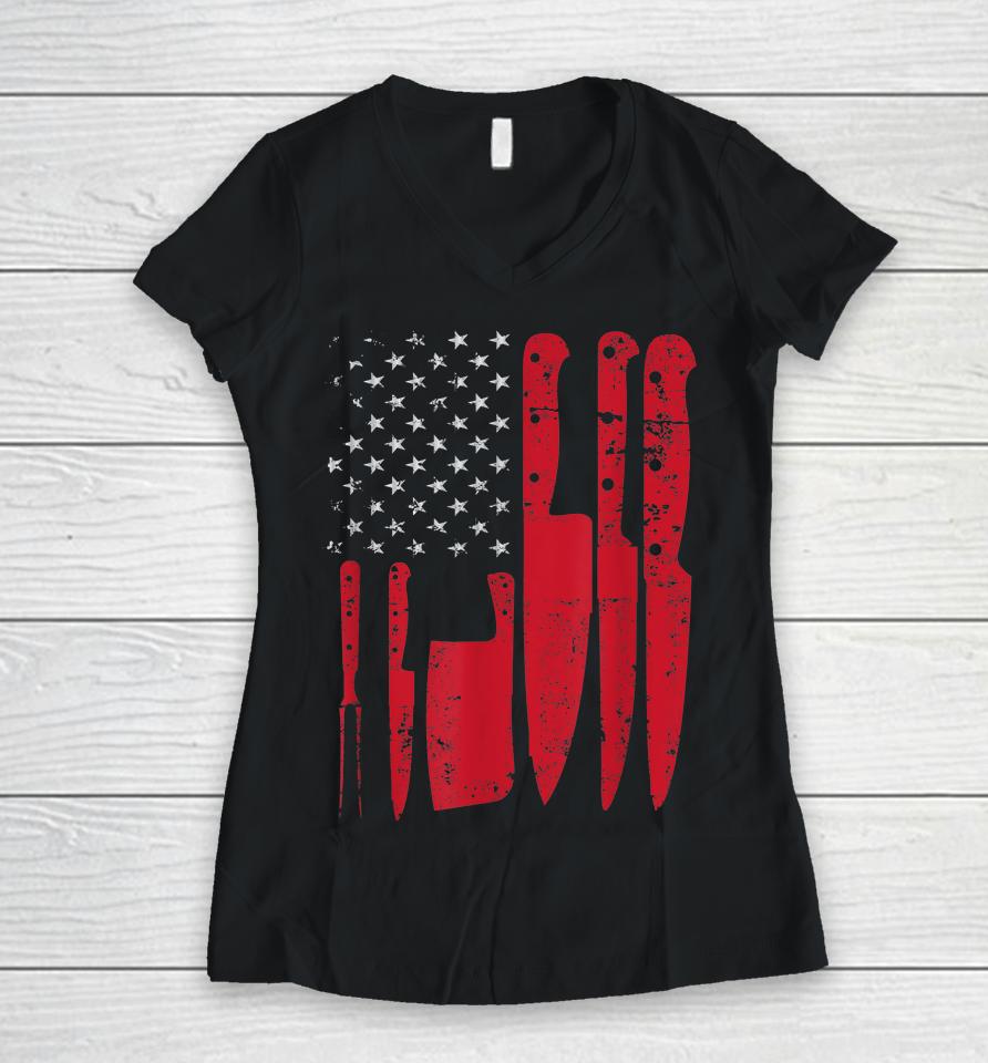 American Flag Kitchen Butcher Knife Set Women V-Neck T-Shirt