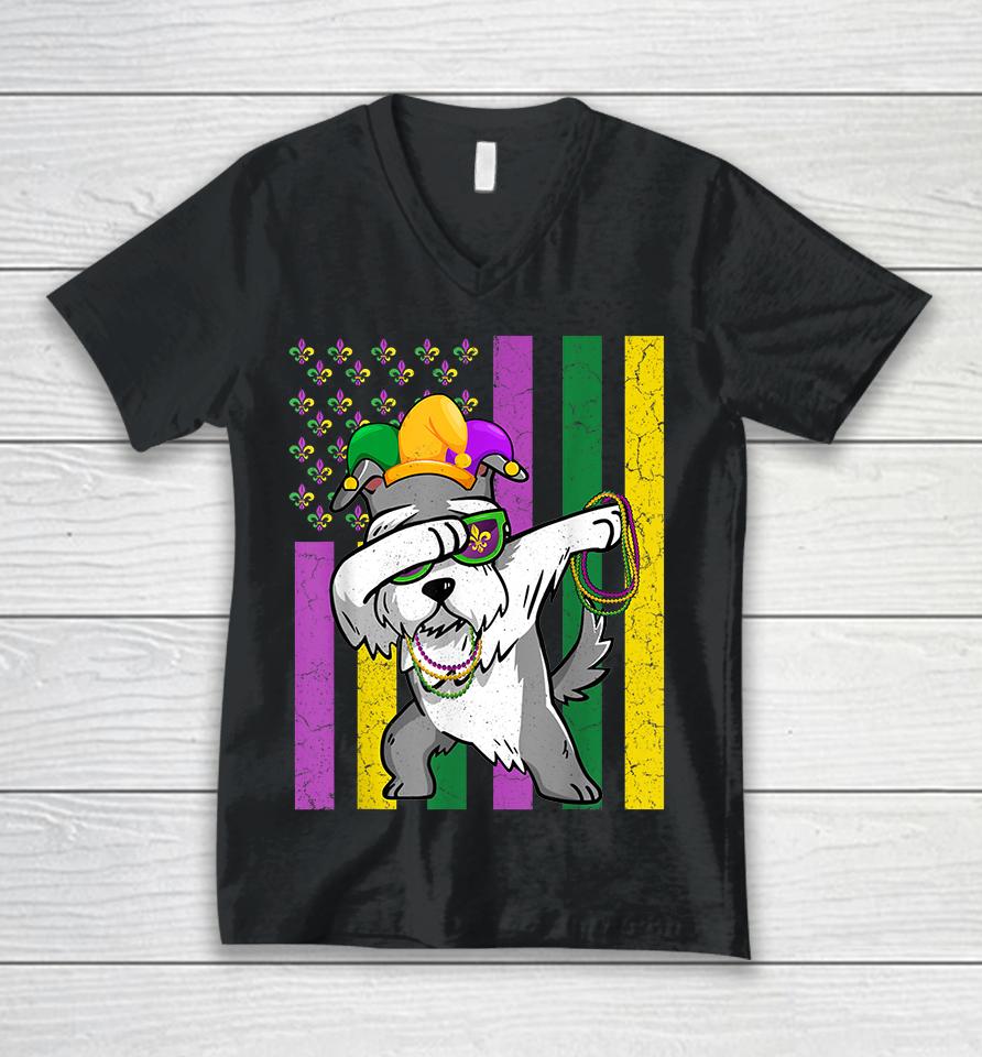 American Flag Mardi Gras Schnauzer Dog Unisex V-Neck T-Shirt