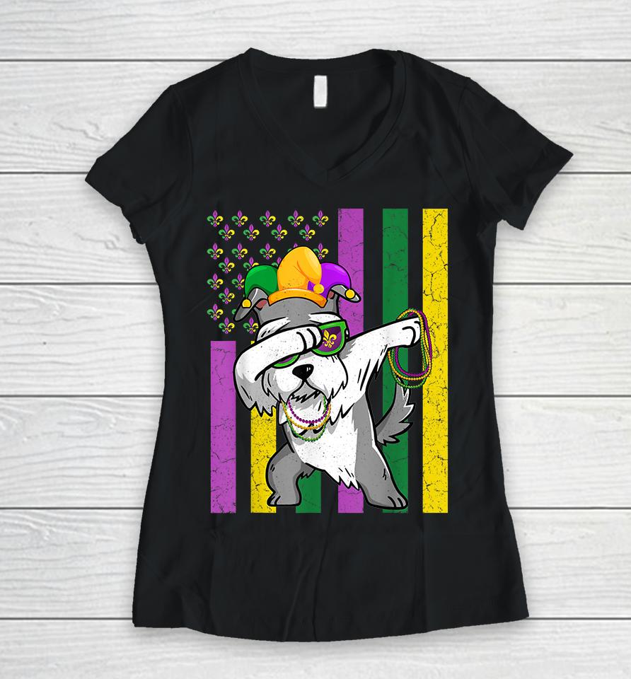 American Flag Mardi Gras Schnauzer Dog Women V-Neck T-Shirt