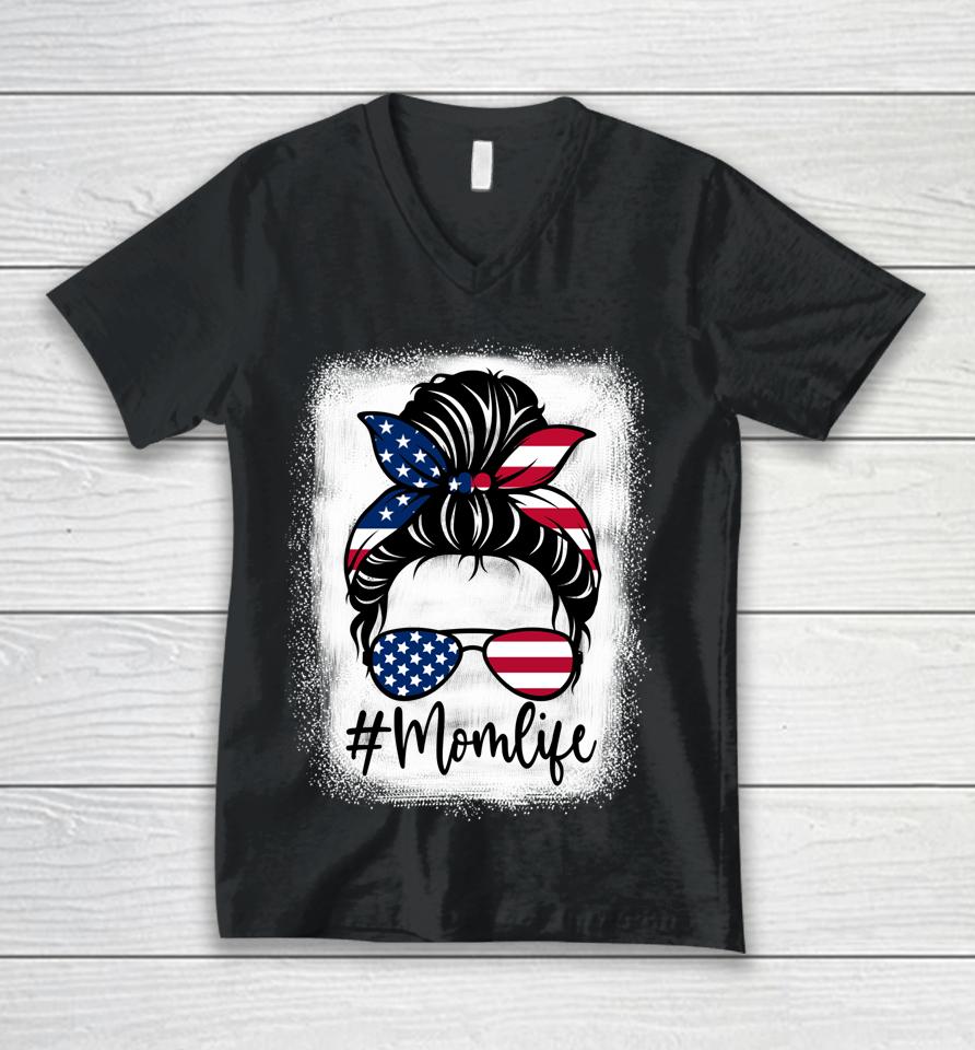American Flag Mom Life Bleached Mother's 4Th Of July Unisex V-Neck T-Shirt
