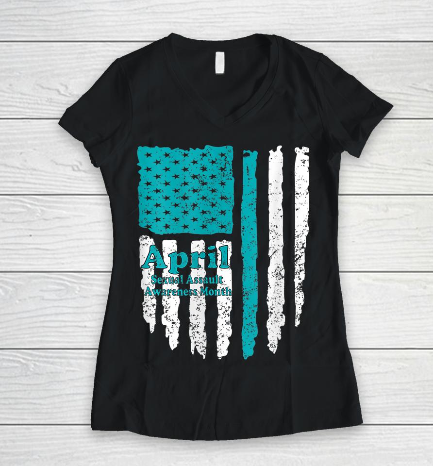 American Flag Sexual Assault Awareness Women V-Neck T-Shirt