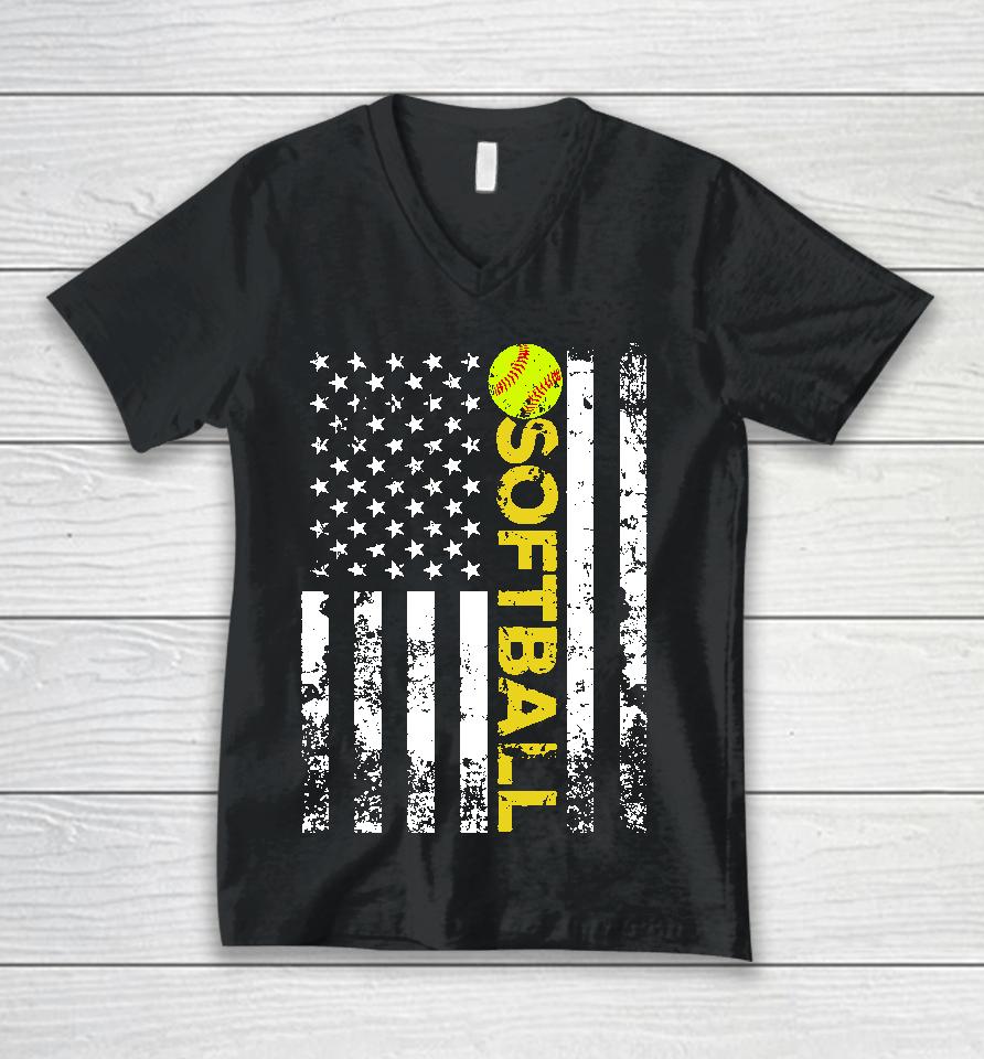 American Flag Softball Team Gift Unisex V-Neck T-Shirt
