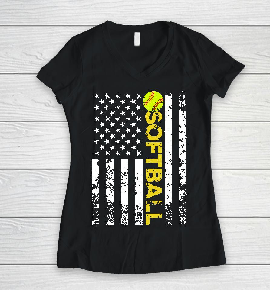 American Flag Softball Team Gift Women V-Neck T-Shirt
