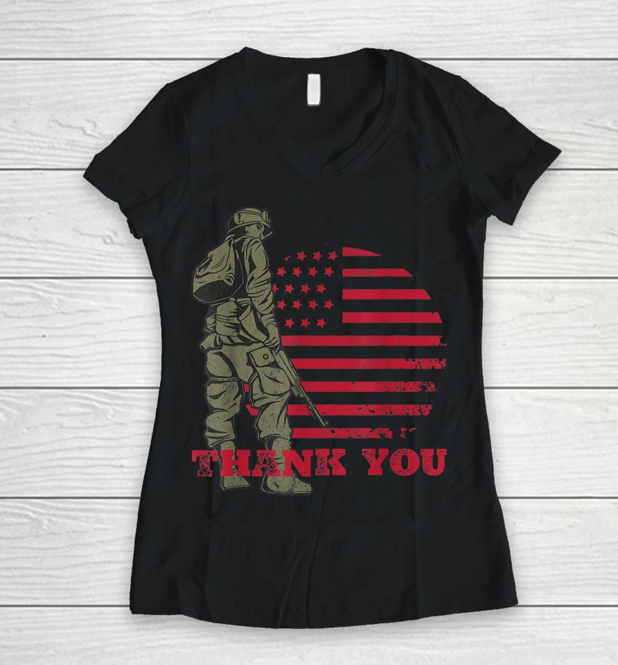 American Flag Thank You Veterans Proud Veteran Women V-Neck T-Shirt