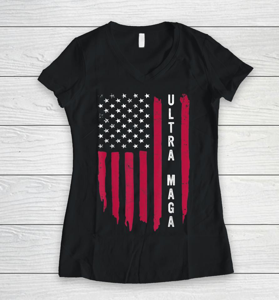 American Flag Ultra Maga Women V-Neck T-Shirt