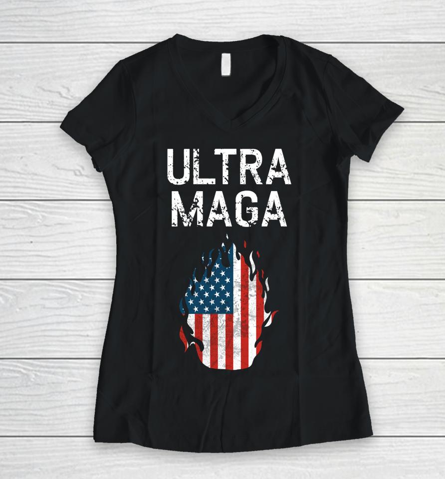 American Flag Vintage Ultra Maga Women V-Neck T-Shirt