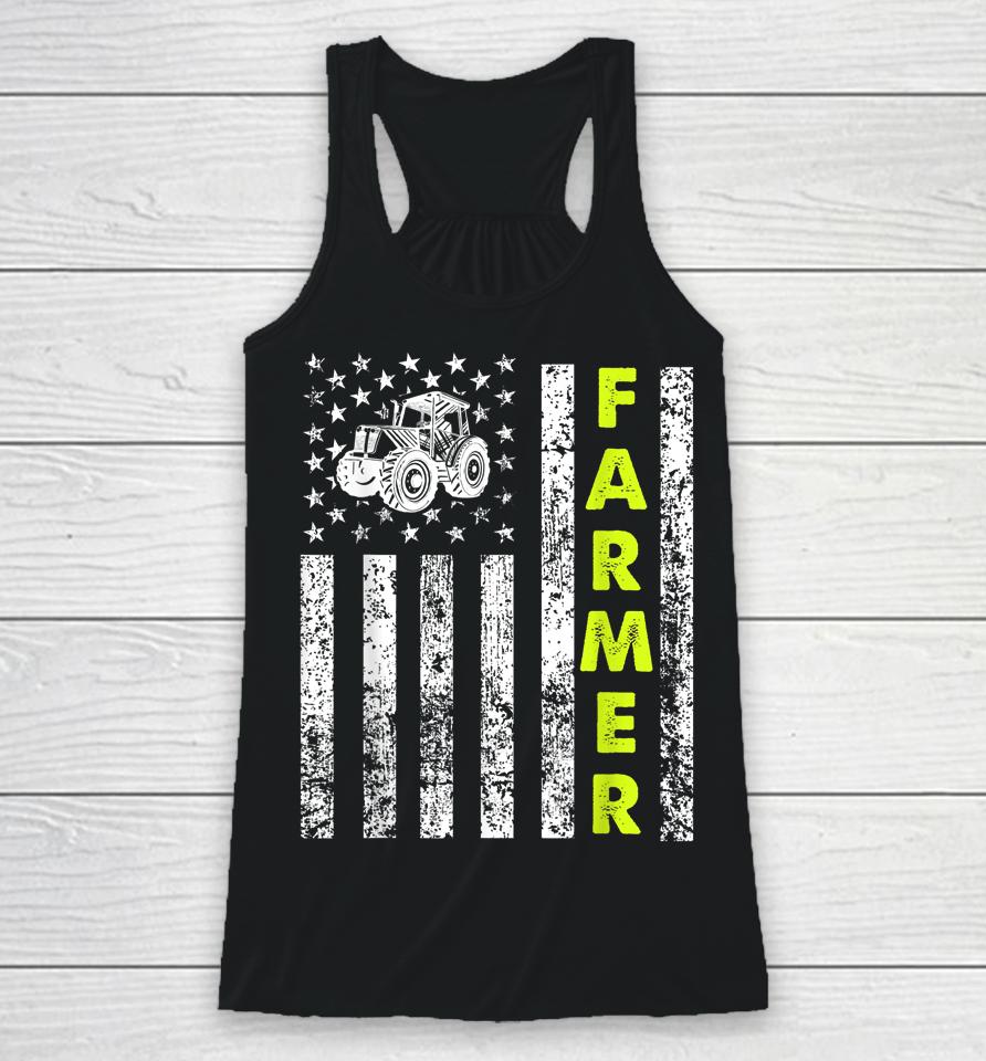 American Flag With Tractor Farmer Racerback Tank