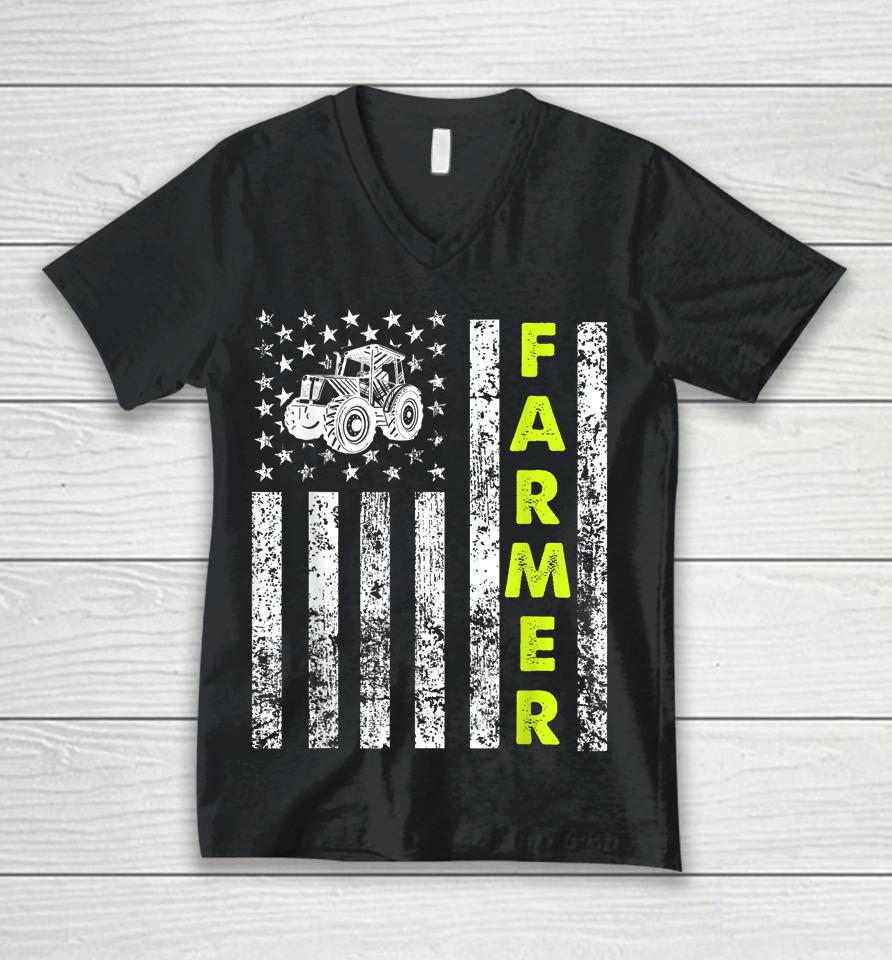American Flag With Tractor Farmer Unisex V-Neck T-Shirt