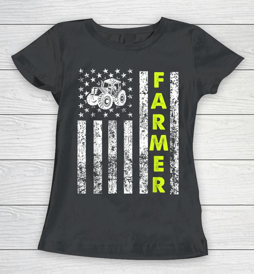 American Flag With Tractor Farmer Women T-Shirt