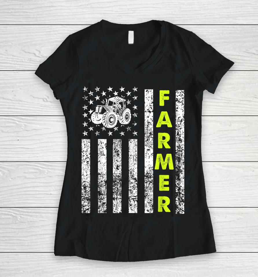 American Flag With Tractor Farmer Women V-Neck T-Shirt