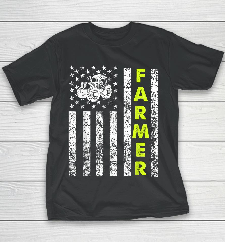American Flag With Tractor Farmer Youth T-Shirt