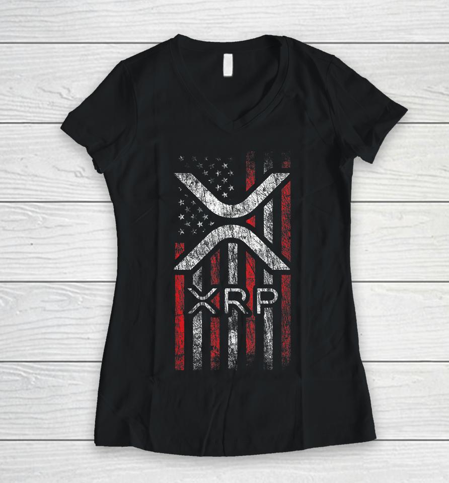 American Flag Xrp Cryptocurrency Women V-Neck T-Shirt