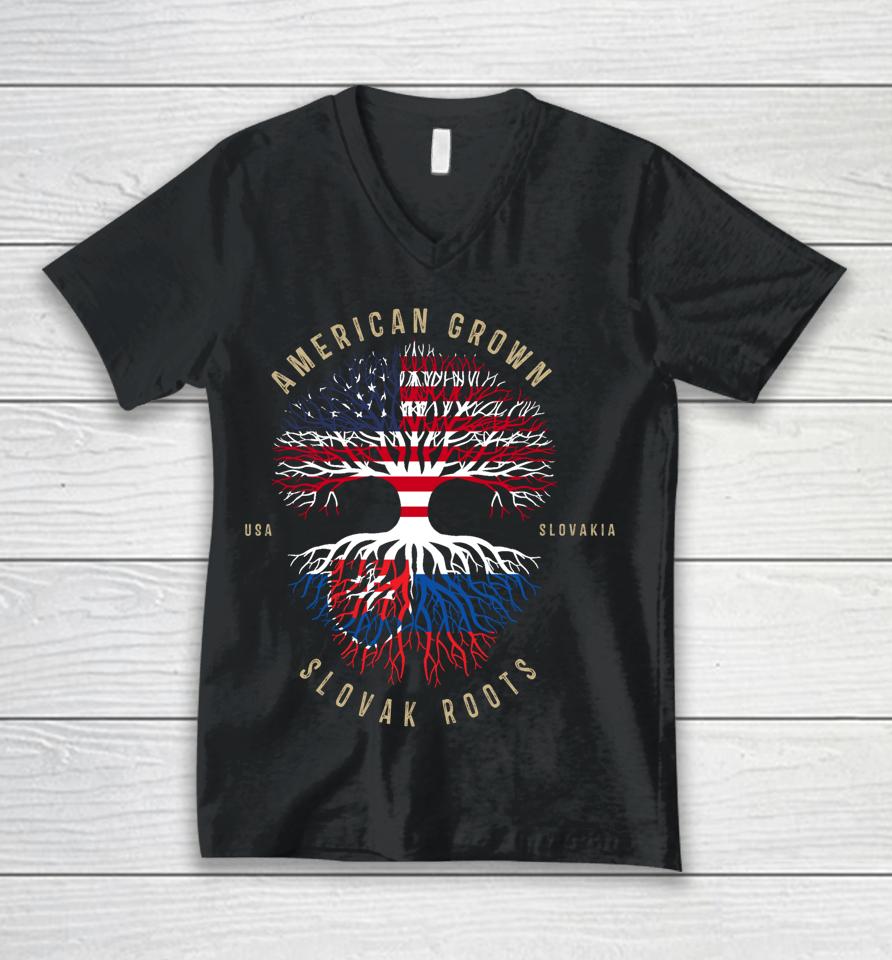 American Grown Slovak Roots Vintage Usa &Amp; Slovakia Flags Unisex V-Neck T-Shirt