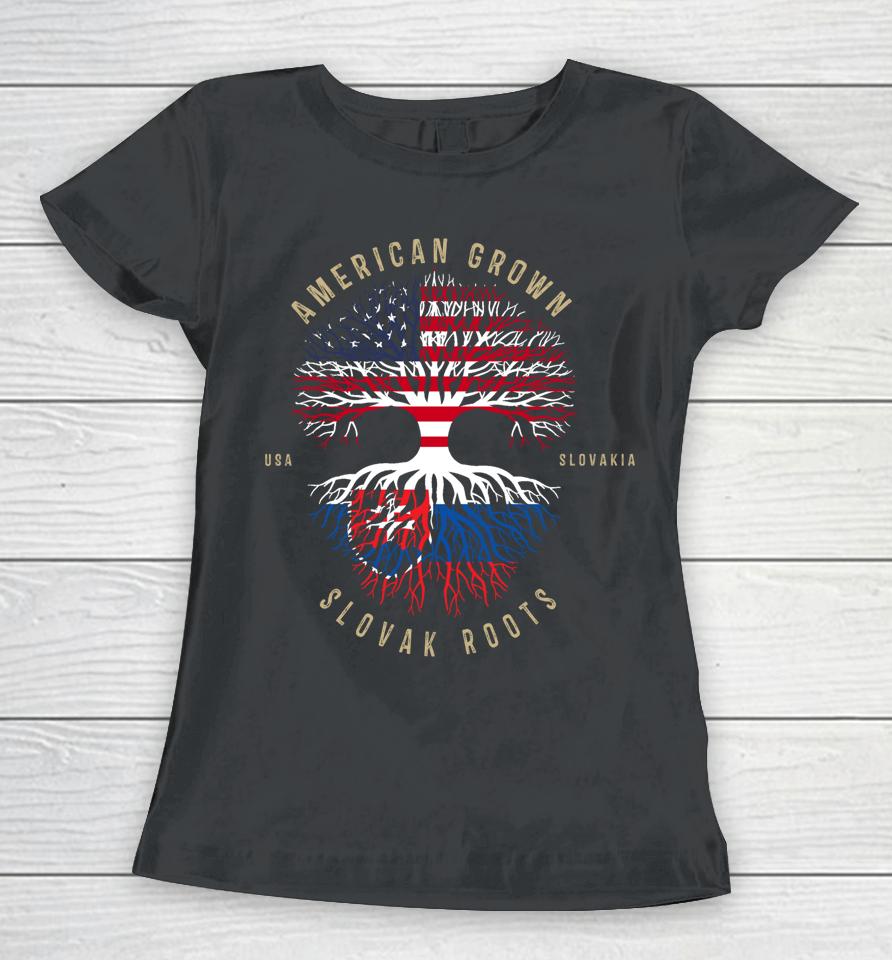 American Grown Slovak Roots Vintage Usa &Amp; Slovakia Flags Women T-Shirt