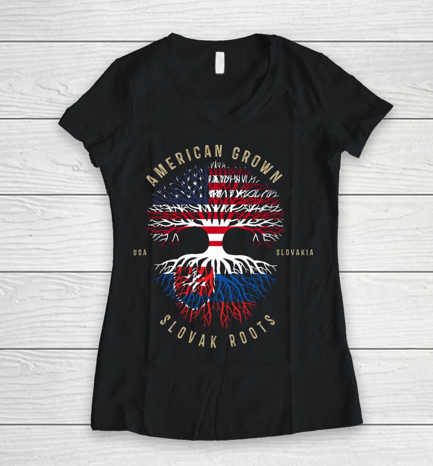 American Grown Slovak Roots Vintage Usa &Amp; Slovakia Flags Women V-Neck T-Shirt