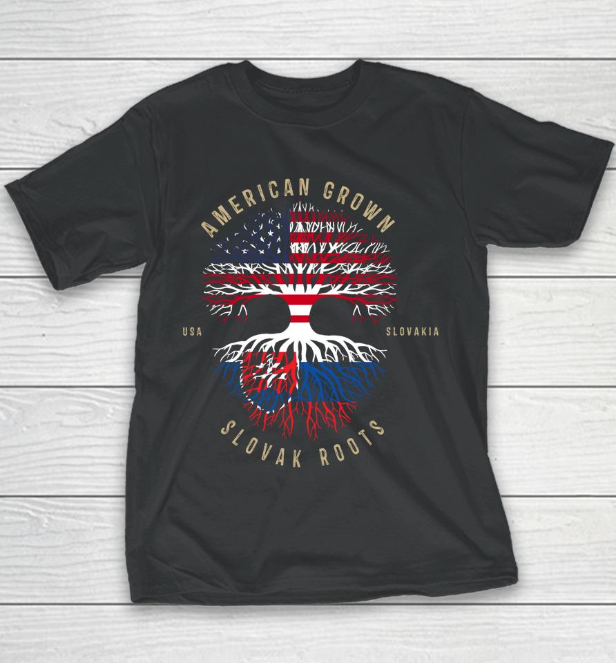 American Grown Slovak Roots Vintage Usa &Amp; Slovakia Flags Youth T-Shirt