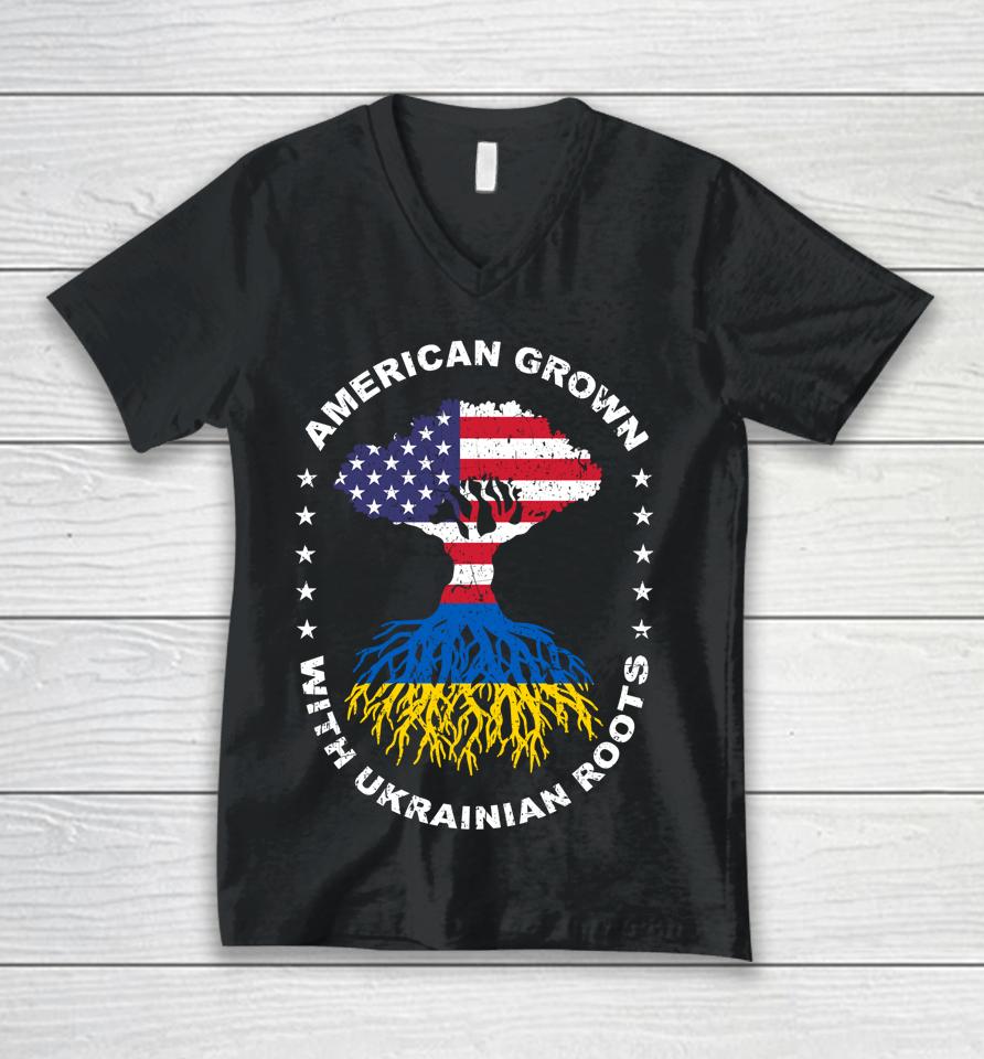 American Grown With Ukrainian Roots Ukraine American Flag Unisex V-Neck T-Shirt