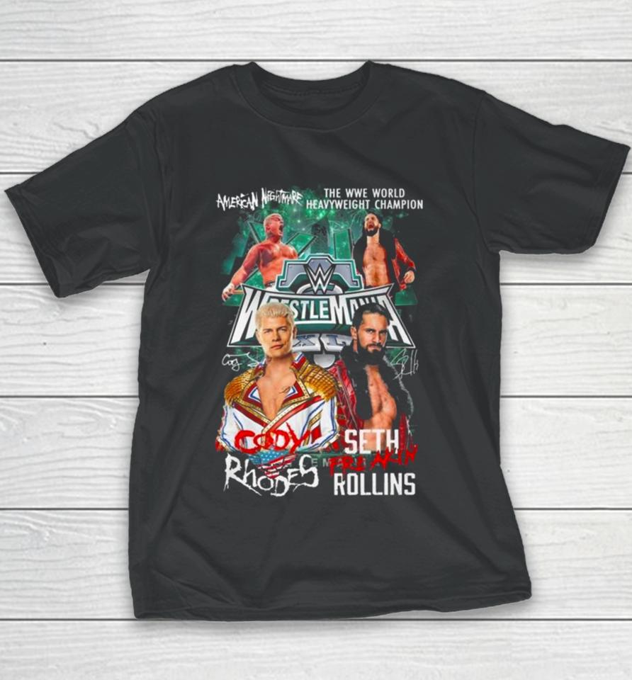 American Nightmare The Wwe World Heavyweight Champion Cody Rhodes Vs Seth Rollins Signatures Youth T-Shirt