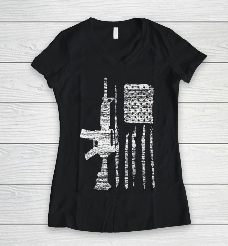 American Patriotic Usa Gun Flag Women V-Neck T-Shirt