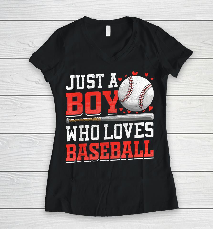 American Sport Just A Boy Who Loves Baseball Gifts For Boys Women V-Neck T-Shirt