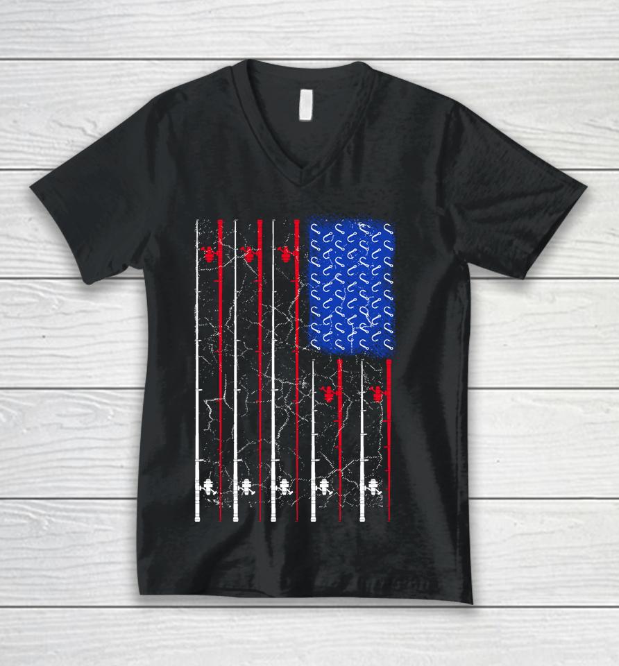 American Us Flag Fishing Rod Shirt Fisherman Top For Him Unisex V-Neck T-Shirt