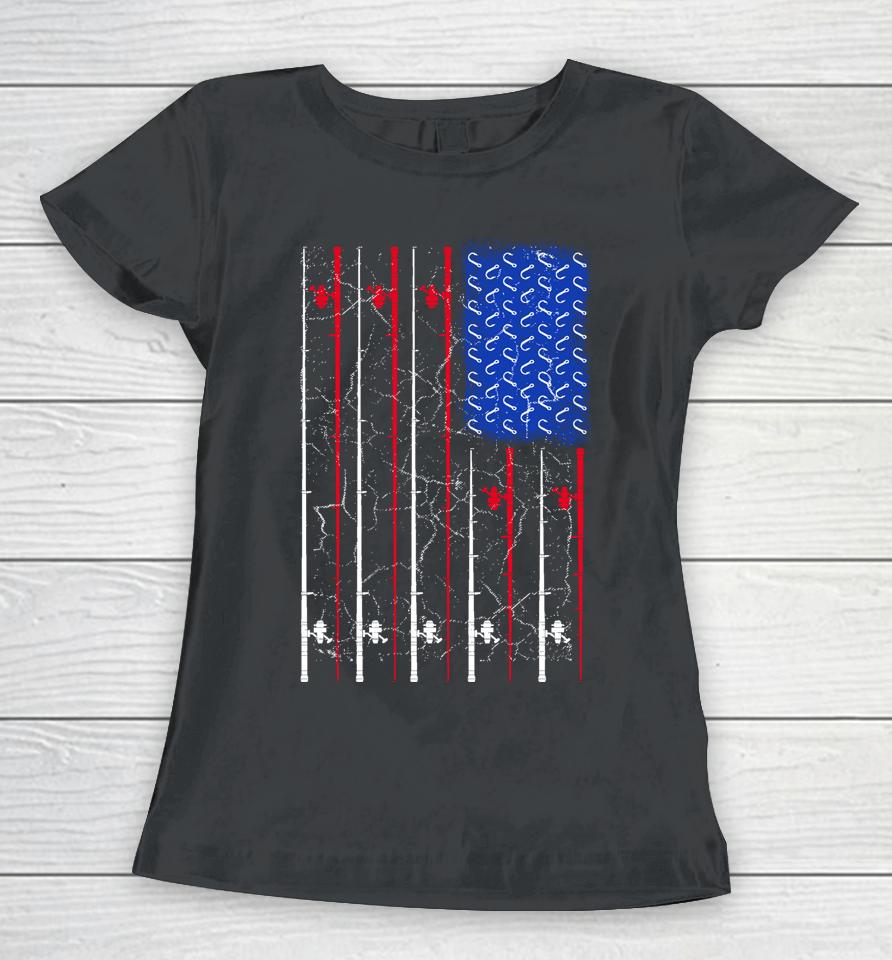 American Us Flag Fishing Rod Shirt Fisherman Top For Him Women T-Shirt