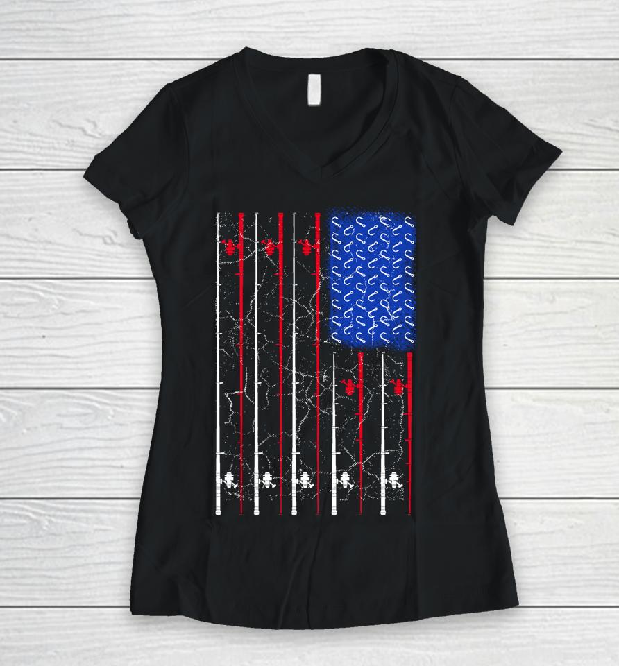 American Us Flag Fishing Rod Shirt Fisherman Top For Him Women V-Neck T-Shirt