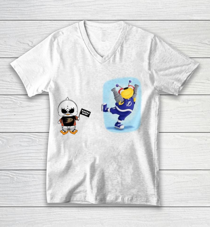 Anaheim Ducks Vs Tampa Bay Lightning Nhl 2024 Mascot Cartoon Hockey Unisex V-Neck T-Shirt