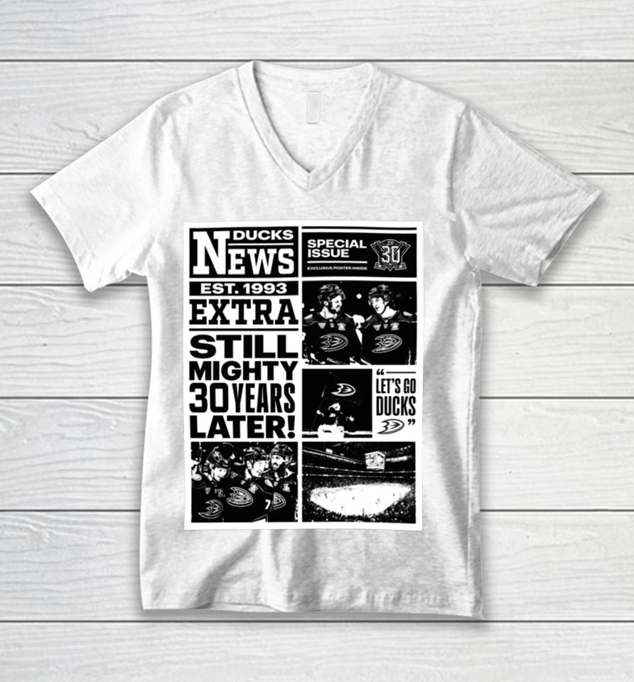 Anaheimteamstore Mighty Newspaper News Ducks Est 1993 Extra Still Mighty 30 Years Later Unisex V-Neck T-Shirt