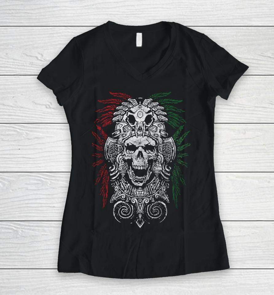 Ancient Aztec King Mexican Skull Mayas Mask Calavera Azteca Women V-Neck T-Shirt