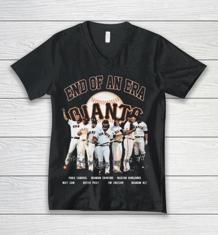 And Of An Era San Francisco Giants Pablo Sandoval Brando Crawford Madison Bumgarner Matt Cain Signatures Unisex V-Neck T-Shirt