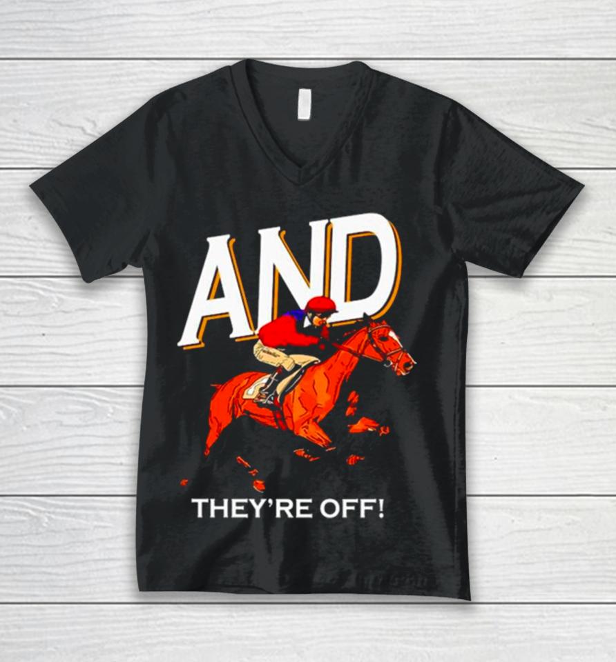 And They’re Off Kentucky Derby Horse Racing Unisex V-Neck T-Shirt