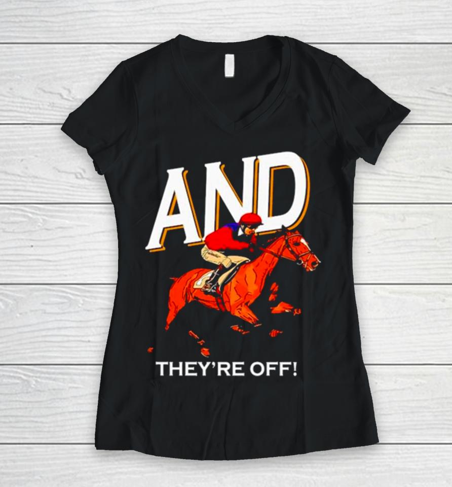 And They’re Off Kentucky Derby Horse Racing Women V-Neck T-Shirt