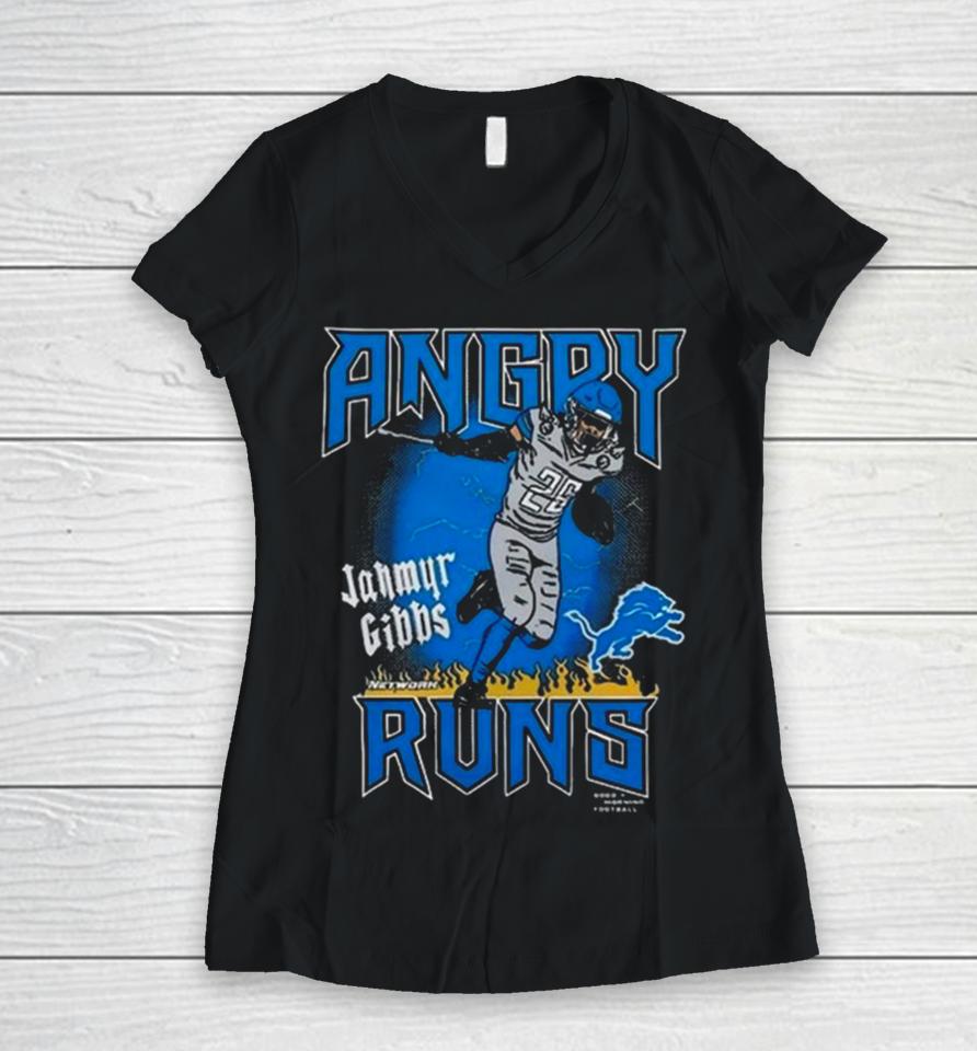 Angry Runs Detroit Lions Jahmyr Gibbs Good Morning Football Women V-Neck T-Shirt