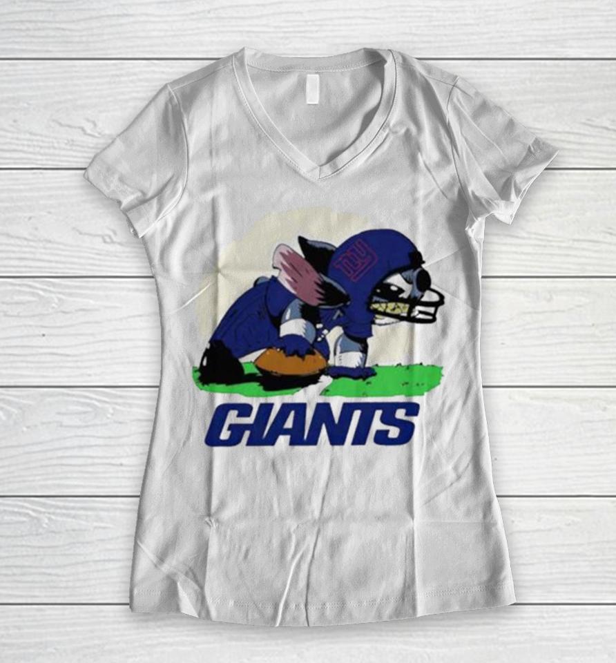 Angry Stitch Character Player New York Giants Football Logo Women V-Neck T-Shirt