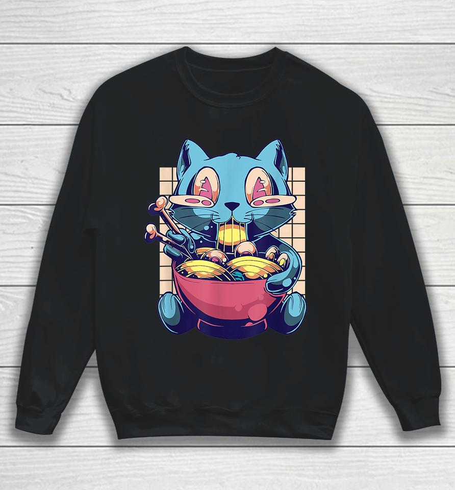 Anime Kawaii Cat Eat Ramen Vaporwave 90'S Aesthetic Japanese Sweatshirt