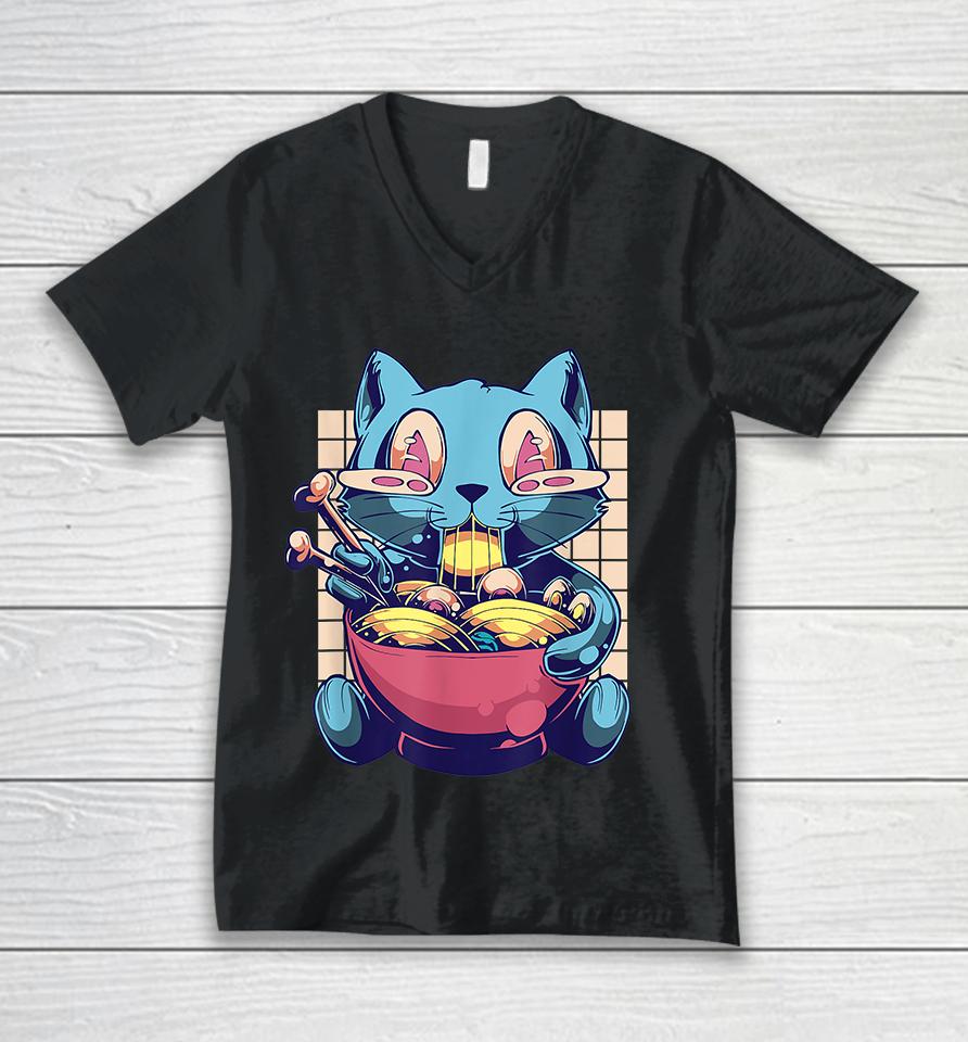 Anime Kawaii Cat Eat Ramen Vaporwave 90'S Aesthetic Japanese Unisex V-Neck T-Shirt