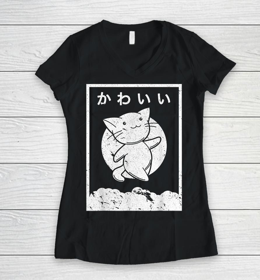 Anime Kawaii Cat Retro Women V-Neck T-Shirt
