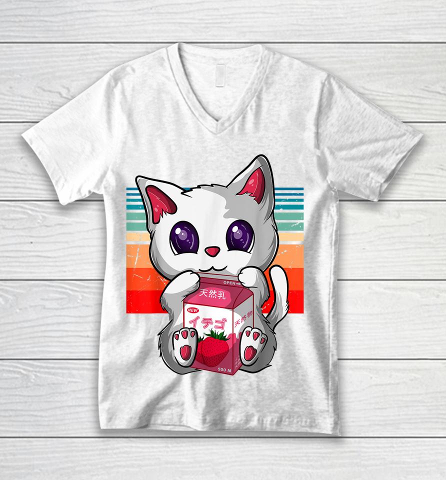 Anime Kawaii Cat Strawberry Milk Neko Strawberry Milk Cat Unisex V-Neck T-Shirt