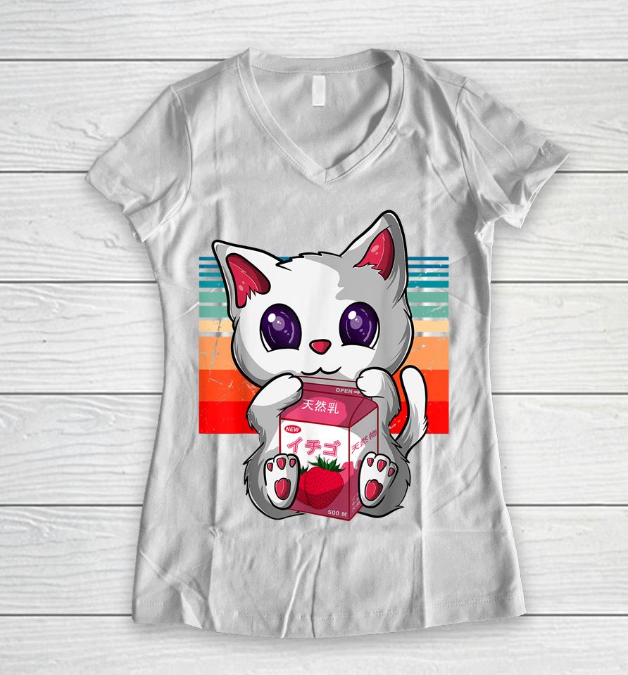 Anime Kawaii Cat Strawberry Milk Neko Strawberry Milk Cat Women V-Neck T-Shirt