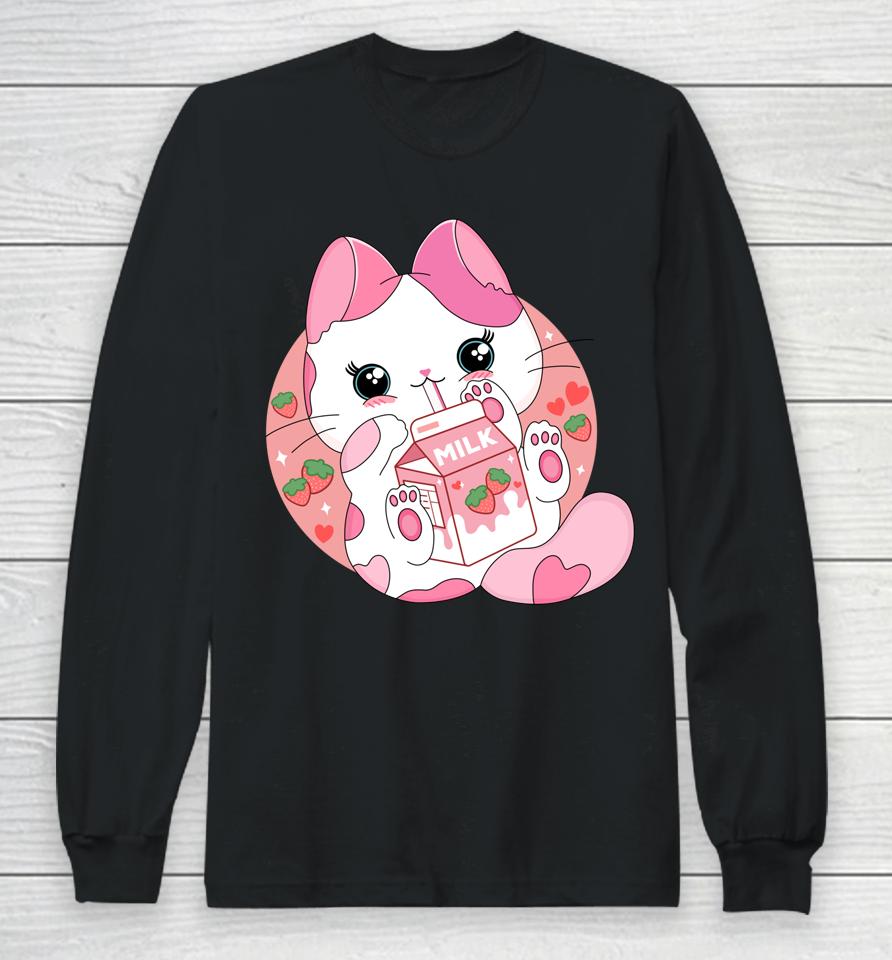 Anime Kawaii Cat Strawberry Milk Long Sleeve T-Shirt