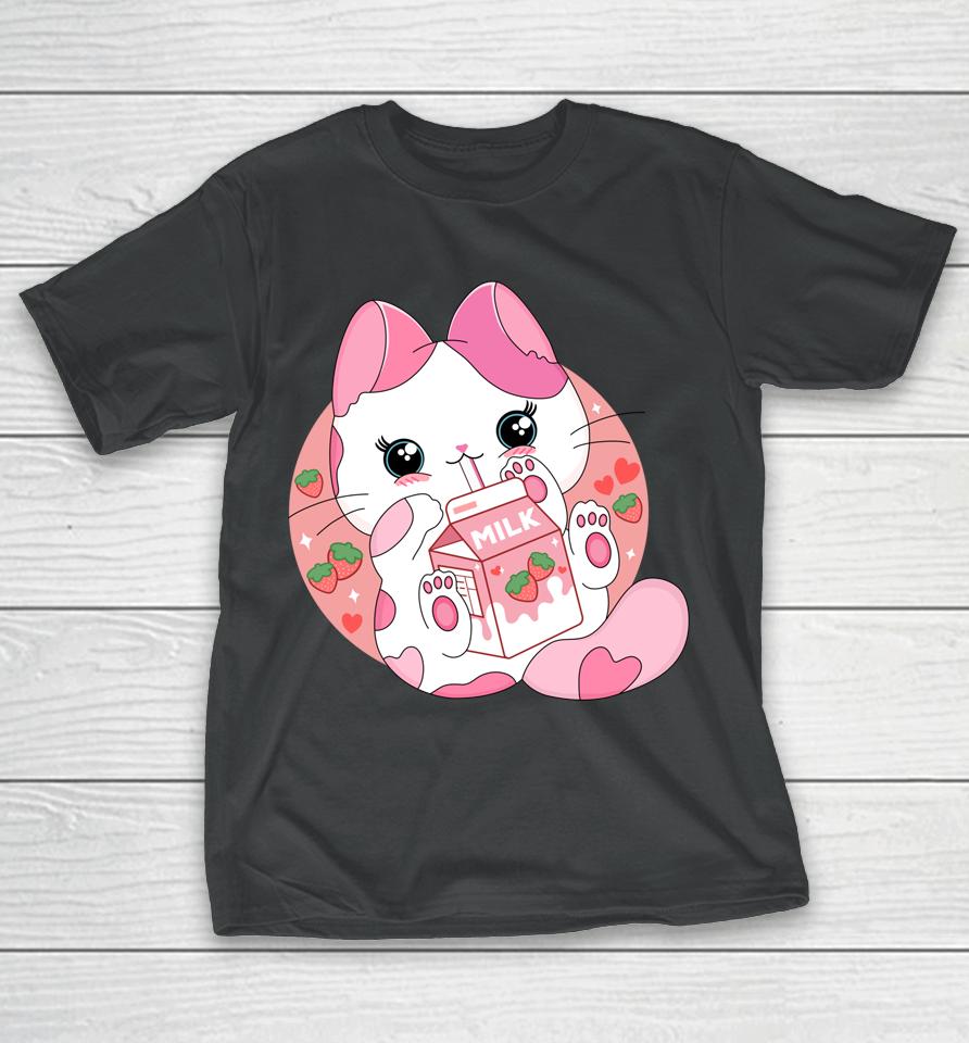 Anime Kawaii Cat Strawberry Milk T-Shirt