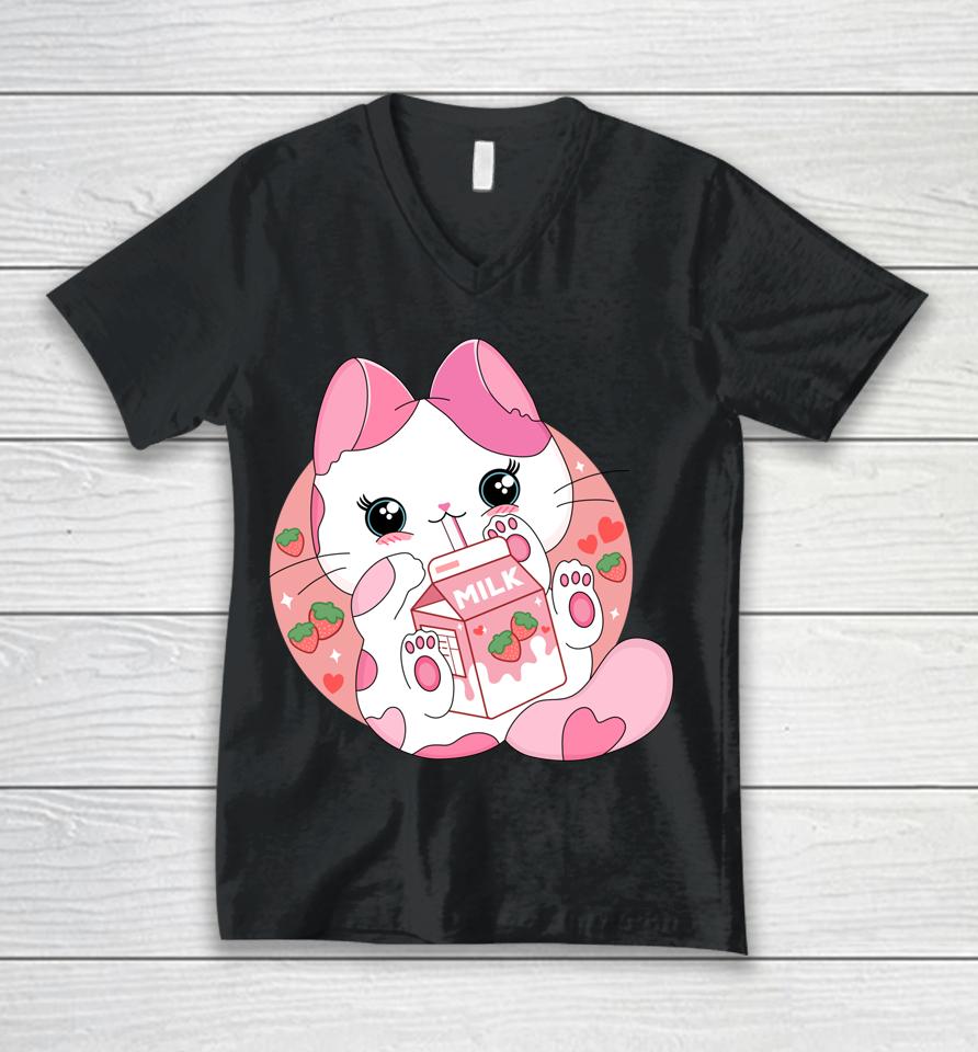 Anime Kawaii Cat Strawberry Milk Unisex V-Neck T-Shirt