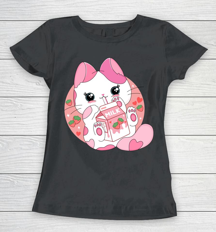 Anime Kawaii Cat Strawberry Milk Women T-Shirt